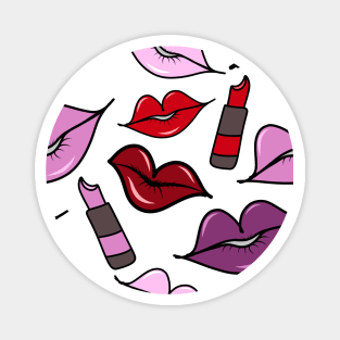 Pink, Red, and Purple Lips and Lipstick Doodle Pattern, made by EndlessEmporium Magnet